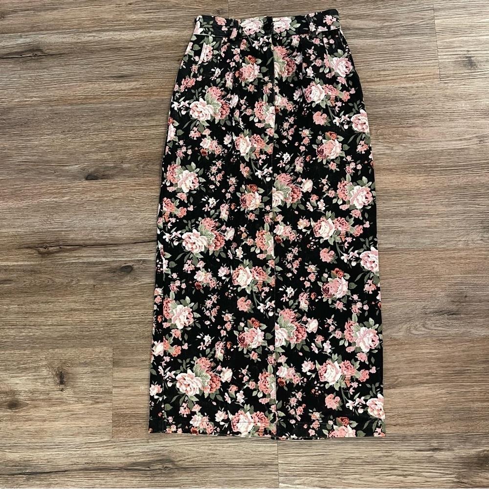 Vtg 90s Y2K Not Guilty Women’s 5/6 Black Floral Denim Maxi Skirt USA Whimsigoth